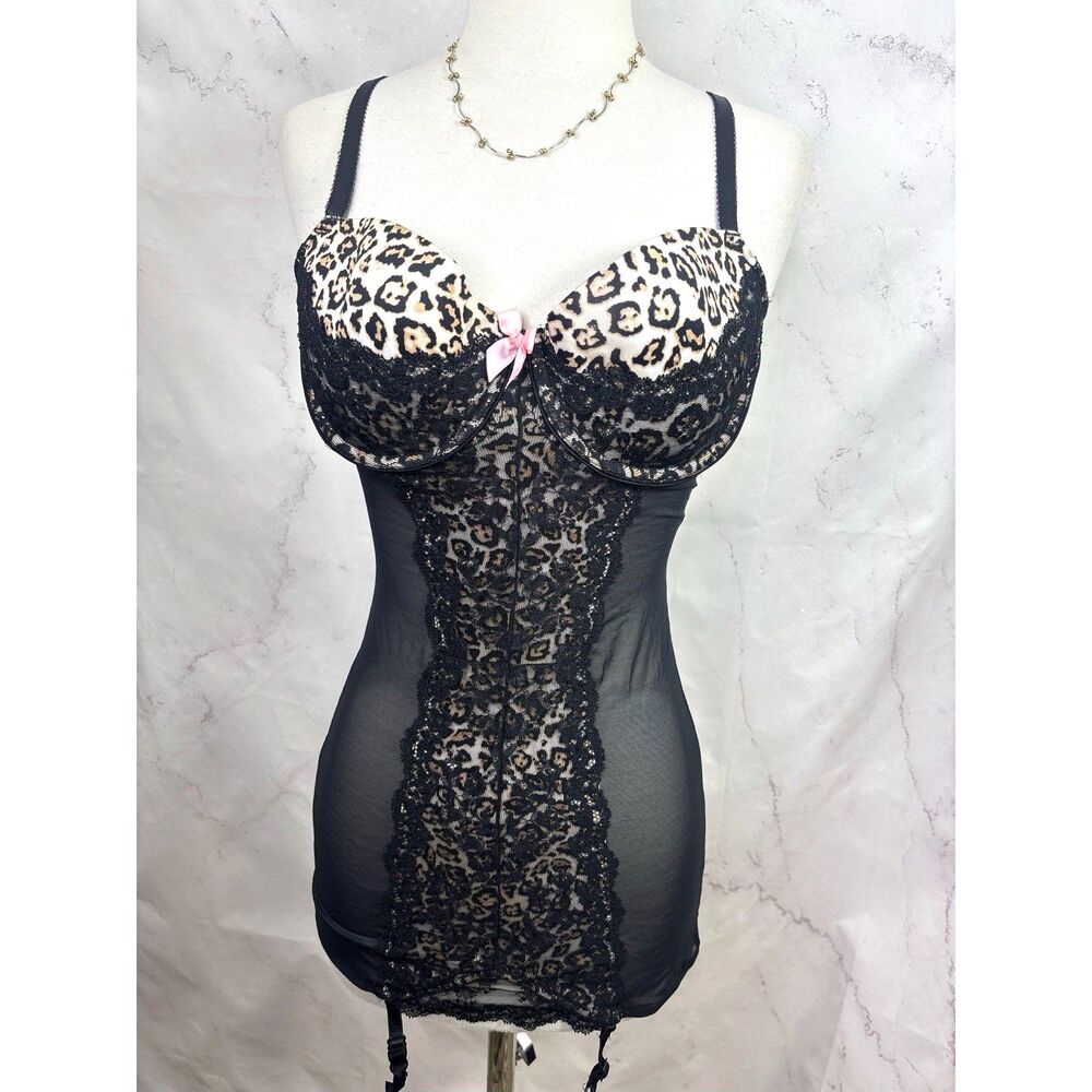 Y2K Victoria’s Secret 34D Black Lace Bustier Corset Garter Teddy Lingerie Sheer